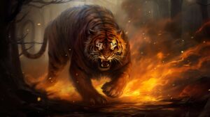 A furious fire tiger with fiery stripes prowling through a blazing forest illuminated against the backdrop appears in a mystical wallpaper