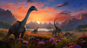 A herd of graceful Brachiosauruses grazing in a lush, vibrant valley, their long necks reaching for foliage against a colorful sky
