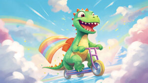 A joyful wallpaper featuring a green dinosaur riding a scooter through a fantasy world of rainbows clouds and delightful surprises