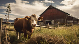 A lone brown cow against a rustic barn, capturing the charm of a pastoral scene in the countryside