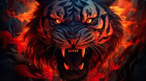 A mesmerizing wallpaper captures the essence of a ferocious tiger crafted from intricate flames in a surreal composition with captivating patterns
