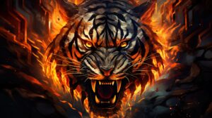 A mesmerizing wallpaper showcases a tiger made of intricate flames with striking patterns that capture its fiery and captivating presence