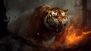 A mystical depiction of an enraged fire tiger prowling through a burning forest, with intense fiery stripes illuminated against the backdrop