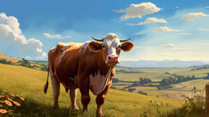 A peaceful brown cow peacefully grazes on a sunlit meadow backed by rolling hills