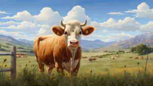 A peaceful wallpaper capturing a serene brown cow grazing in a sunlit meadow set against a backdrop of rolling hills