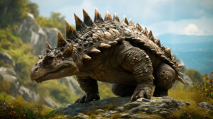 A powerful Ankylosaurus stands defensively its body armored and imposing amidst a rocky backdrop adorned with hints of ancient foliage the perfect wallpaper