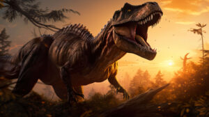 A powerful T Rex roars amidst towering ancient trees as the majestic sun sets in a prehistoric landscape