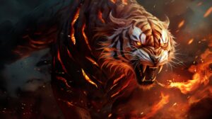 A powerful and dynamic wallpaper with an enraged fire tiger its piercing eyes captivating against a chaotic inferno