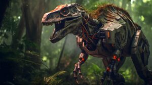 A robotic dinosaur in a forest wallpaper