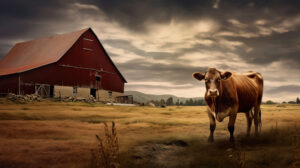A solitary brown cow stands by a country barn capturing the rustic charm of a pastoral scene