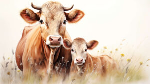 A touching wallpaper captures the bond between a mother brown cow and her calf showcasing their tender and nurturing nature in a heartwarming composition
