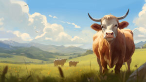 A tranquil brown cow serenely grazes in a sunlit meadow against a backdrop of rolling hills captured in the stunning wallpaper