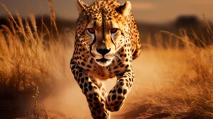 A wallpaper capturing the grace and strength of a cheetah as it sprints through the savannah its sleek form casting long shadows in the golden sunlight