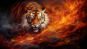 A wallpaper showcasing a dazzling tiger ablaze in fiery hues set against a backdrop of swirling flames in vibrant shades of red and yellow
