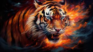 A wallpaper showcasing a fiery tiger its fur ablaze encircled by swirling flames creating a vibrant backdrop of reds and yellows