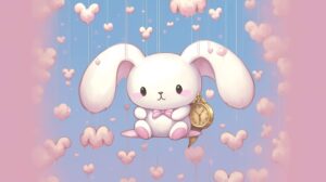 A water color style wallpaper of sanrio cinnamoroll with blue background and pink clouds on sides