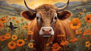 A whimsical touch is added to the wallpaper with an image of a brown cow wearing a bell in a field of wildflowers