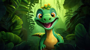 Adorable cartoon style green dinosaur with big, expressive eyes, happily munching on vibrant foliage in a prehistoric paradise
