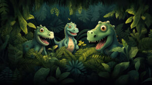 Adorable green dinosaurs playing hide and seek amidst ferns and trees on sweet wallpaper