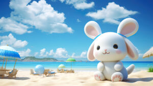 Adorable scene of Cinnamoroll enjoying a sunny day at the beach, building sandcastles and playing in the gentle waves