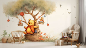 Adorable wallpaper featuring Winnie the Pooh and Tigger engaged in a lively game, bringing a playful and cheerful atmosphere