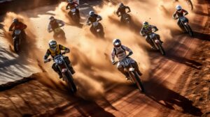 Aerial view of a dirt bike race, capturing the organized chaos of bikers speeding through a dirt track