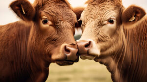 Affectionately nuzzling two brown cows highlight their gentle and social nature in this idyllic wallpaper featuring farm animals