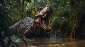 An angry dinaosaur roaring in a river