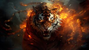 An angry fire tiger with piercing eyes, set against a chaotic inferno, creating a powerful and dynamic wallpaper