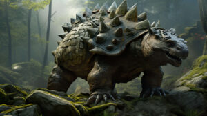 An armored and imposing Ankylosaurus stands in a rocky landscape amidst hints of ancient foliage a captivating wallpaper