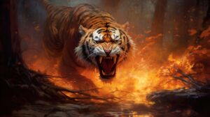 An enraged fire tiger with fiery stripes prowling through a burning forest illuminated against the backdrop mystical and captivating wallpaper