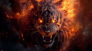 An enraged tiger ablaze its piercing gaze amidst a chaotic inferno creating a captivating and energetic wallpaper