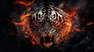 An enraged tiger formed of intricate flames, its fiery presence captured in a surreal composition with striking patterns, offering a unique and captivating wallpaper