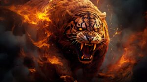 Angry fire tiger with intense eyes, set against a backdrop of swirling flames that highlight its fiery demeanor, creating a dynamic and powerful visual