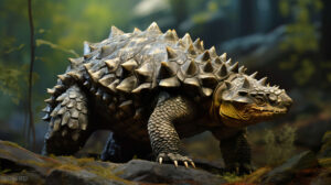Ankylosaurus in a defensive stance, armored and formidable, in a rocky landscape with a hint of ancient foliage