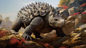 Armored and imposing Ankylosaurus stands defiantly in a rugged landscape with traces of ancient foliage captured in Ankylosaurus Defends in Rocky Terrain