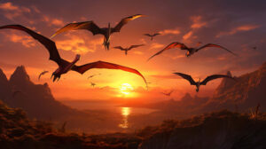 Awe inspiring wallpaper capturing majestic pterodactyls gracefully gliding across a vibrant sunset sky with outstretched wings
