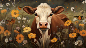 Brown cow with a bell around its neck, standing in a field of wildflowers, adding a touch of whimsy to the wallpaper