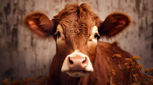 Brown cow with curious eyes looking directly at the viewer, creating a connection and warmth in the wallpaper