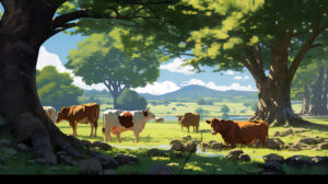 Brown cows rest peacefully under a trees shade evoking tranquility and pastoral beauty. 195 characters