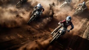 Capturing the organized chaos of dirt bike racers speeding through a dirt track this aerial wallpaper offers a thrilling view of the race