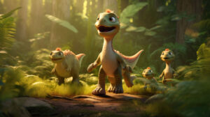 Charming scene of a baby dinosaur taking its first steps, with encouraging parent dinosaurs watching proudly in a lush, sunlit environment