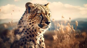 Cheetah and its habitat blend in one powerful wallpaper showcasing their wild landscape merging with the majestic creature