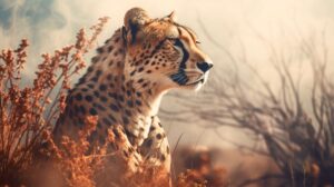 Cheetah and its natural habitat merged in a powerful way depicting the wild landscape double exposure that is perfect for wallpapers