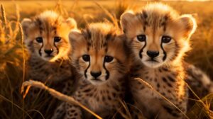 Cheetah cubs playing in the golden grass, portraying a heartwarming and adorable scene in the wild