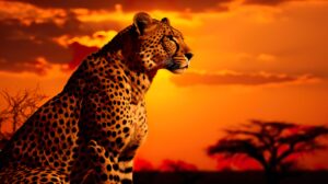 Cheetahs graceful contour contrasts stunningly against a vivid sunset sky in this captivating wallpaper