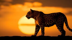 Cheetahs graceful silhouette against a stunning sunset sky capturing its elegance in a warm and vibrant wallpaper