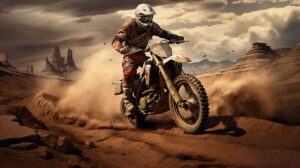 Classic dirt bike against dusty trails and mountains adorn this vintage inspired wallpaper