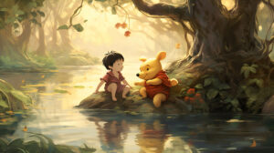 Classic illustration of Winnie the Pooh and Piglet embarking on an adventure, capturing the heartwarming bond of friendship