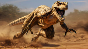 Close up of a Velociraptor in mid stride, capturing the agility and intensity of this iconic dinosaur in a dynamic pose